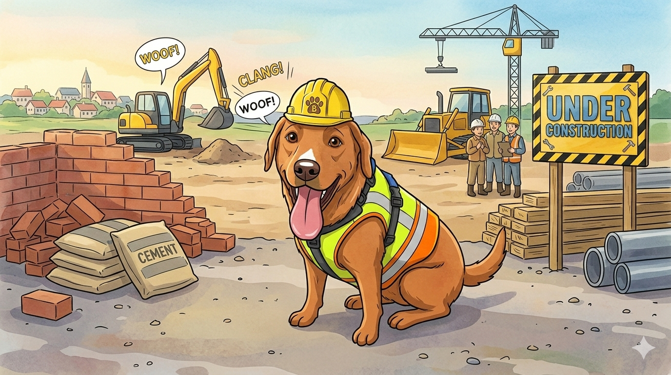 Under construction - a friendly dog in a hard hat